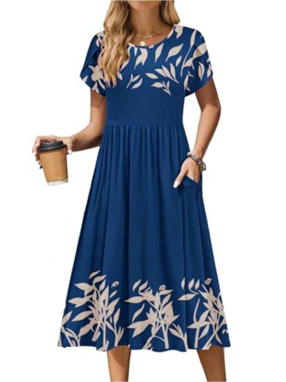 Casual Short Sleeve Midi Dress A-Line Flowy Tshirt Dress with Pockets Beach